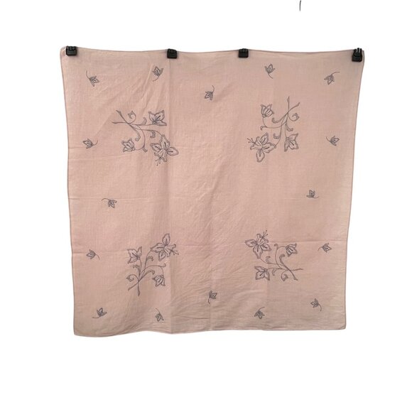 Vintage Handmade Embroidered Linen Tablecloth Peach Gray Floral Square 33” Used - Picture 2 of 13